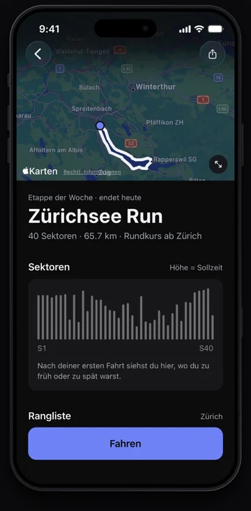 Etappe Zürichsee Run mit 40 Sektoren und der Sollzeit jedes Sektors, darunter der Knopf Fahren