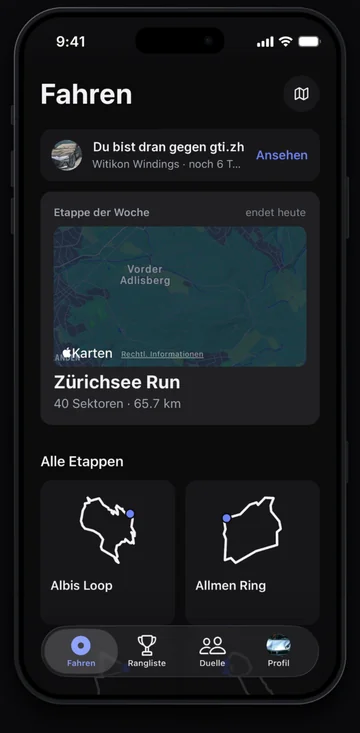 Strado auf dem iPhone: der Tab Fahren mit der Etappe der Woche Zürichsee Run und allen Etappen